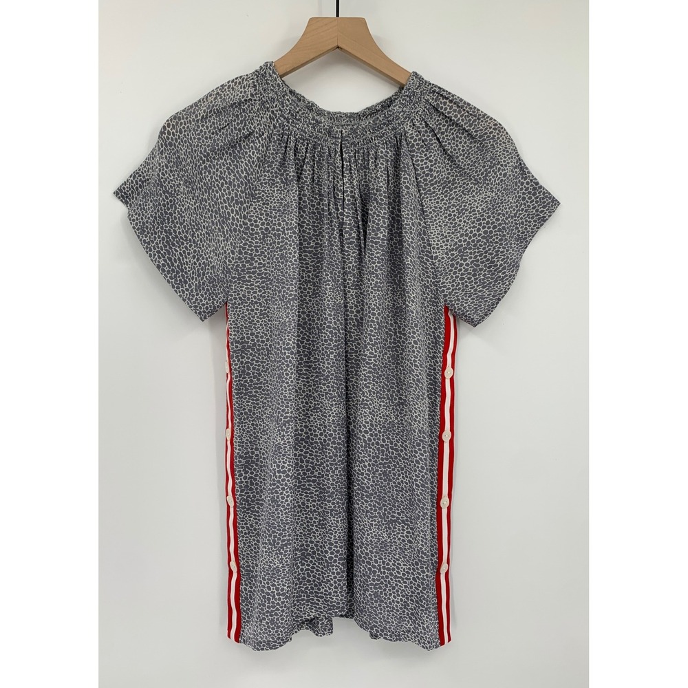 Rungolee Blouse Womens Small Gray Pebble Print Side Stripe Smocked 100% Silk